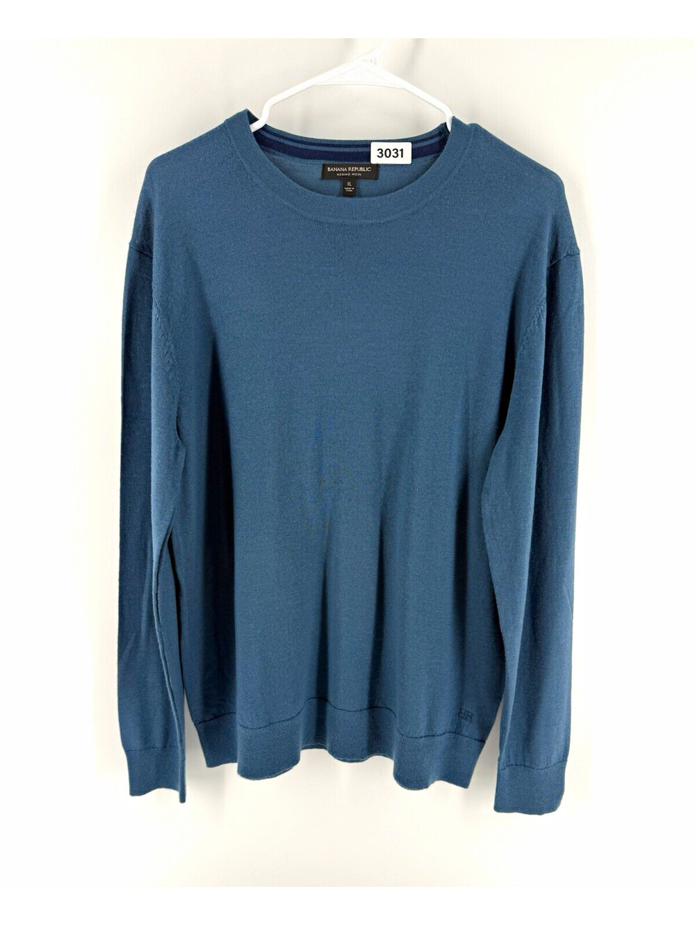Banana Republic Mens XL Blue Crew Neck Pullover Sweater Merino Wool Knit Logo
